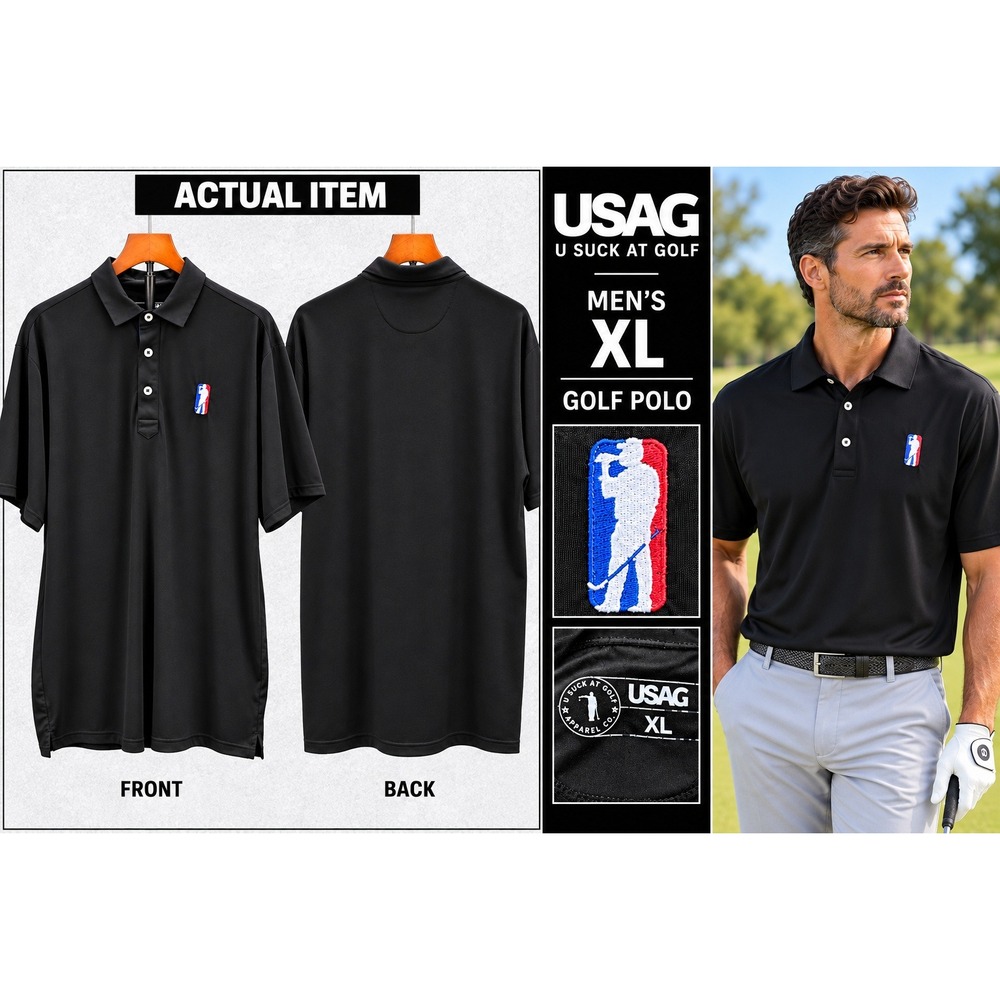 USAG U Suck At Golf Polo Men XL Black Short Sleeve Performance Shirt Excellent